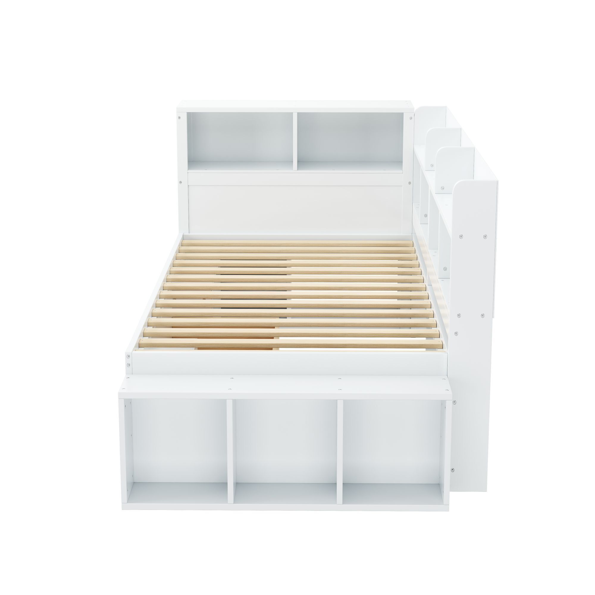 Flieks Holzbett Klassisches Bett Stauraumbett 90x200cm mit Ausziehbarem Schrank, Einzelbett Jugendbett mit Staufach, Kinderbett mit Lattenrost, Weiß