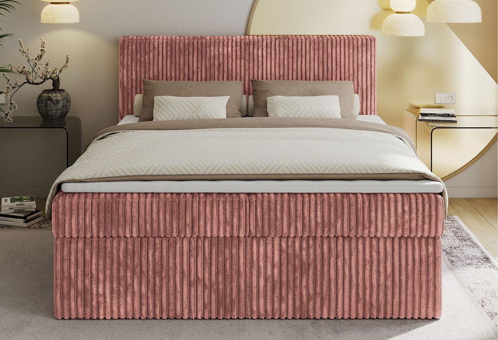 Foto von Boxspringbett. Bett aus rosa Cordstoff.