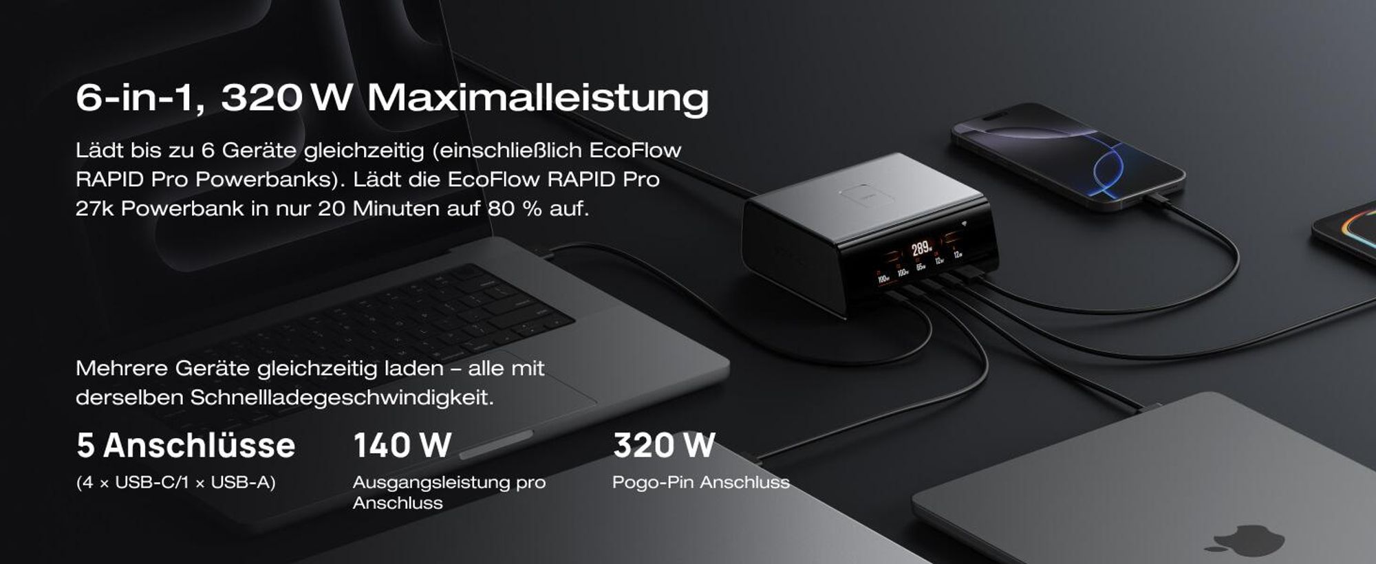 EF EcoFlow RAPID Pro Ladegerät 320W Max., 5 Anschüusse, GaN Ladestation für 6 Geräte, Pogo-Pin für EcoFlow RAPID Pro Powerbank, Desktop-Ladegerät