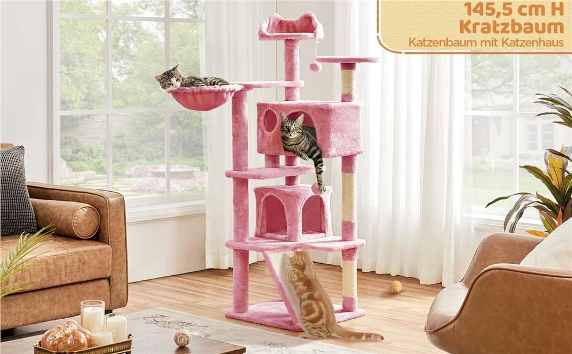 Yaheetech Kratzbaum 146 cm Katzenbaum mit 2 Katzenhöhlen & 3 Aussichtsplattformen, Rosa
