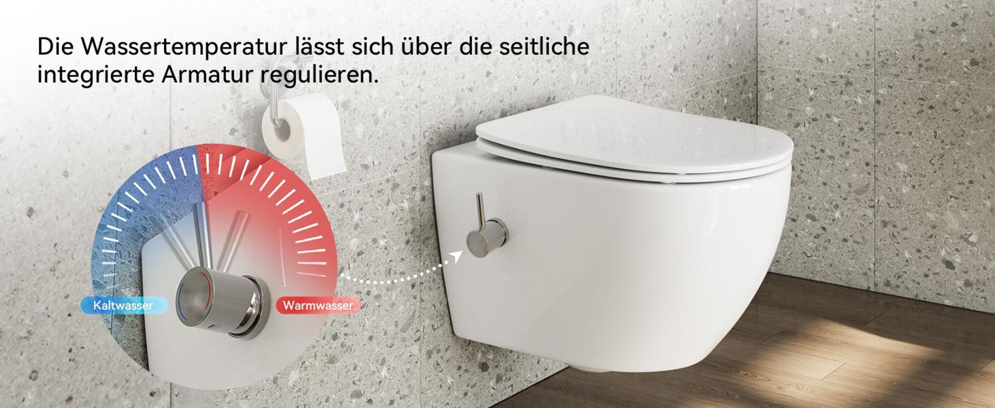 HOROW Dusch WC mit Bidet Funktion, Hänge WC mit Integrierter Düse, Taharet WC mit Armatur, WC Sitz mit Absenkautomatik, Kalt-/Warm Wasser, 53×36×35 cm