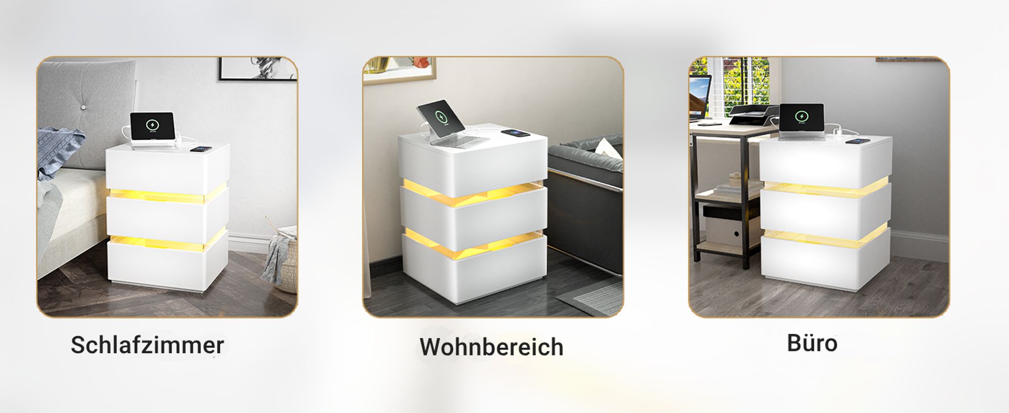 FCH Nachtschrank mit LED-Beleuchtung, 3 Schubladen, 2 AC-Steckdosen, 2 USB-Anschlüsse, Nachtkommode, Nachttisch, Weiß