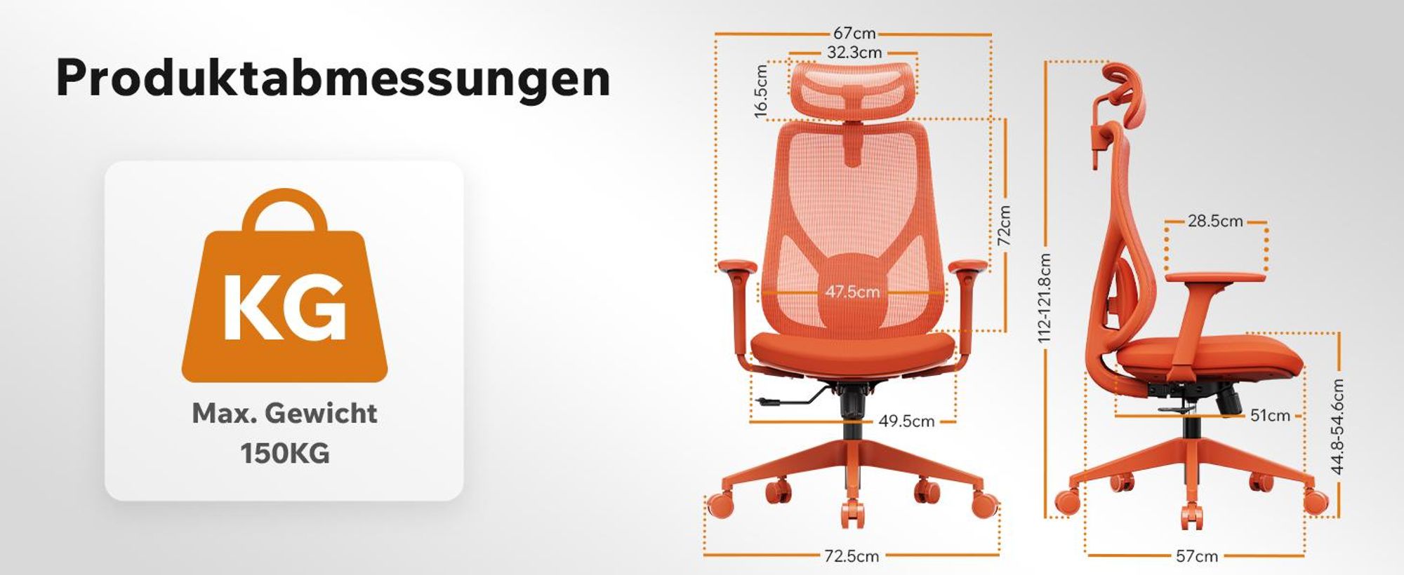 SENSE7 Moyo Ergonomischer Bürostuhl Schreibtischstuhl Orange 3D-Armlehnen Netzrücken Lendenwirbelstütze Chefsessel PC Stuhl Home-office 150 kg