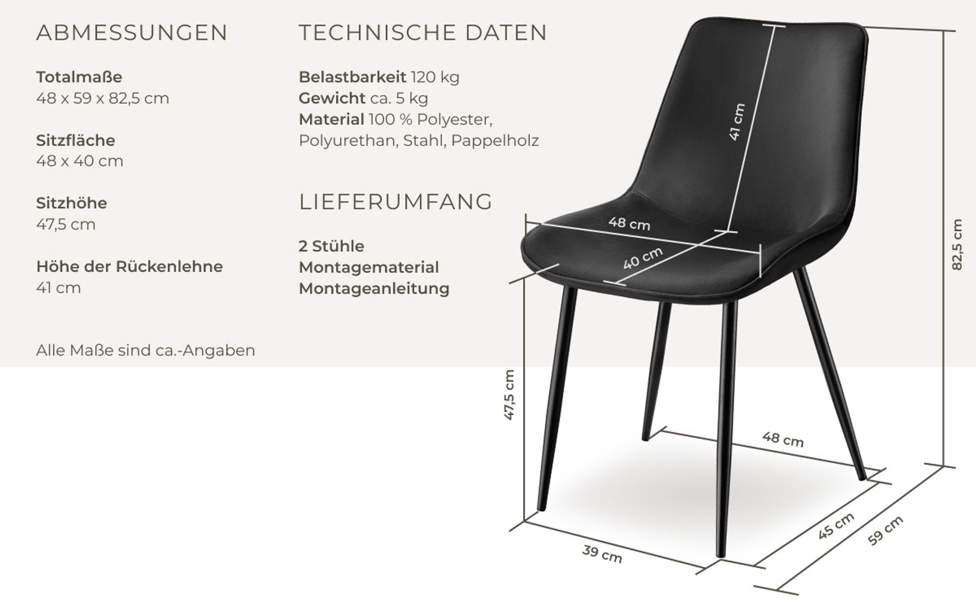tectake® Set Stuhl Monroe gepolstert, in Samtoptik 48 x 59 x 82,5 cm
