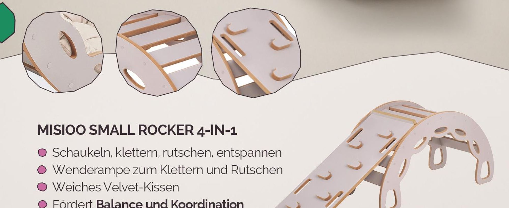 MISIOO Klettergerüst Indoor ab 1 Jahr, Montessori Kletterbogen 4in1 mit Rutsche, Kletterwand & Kissen, Holz Spielzeug für Baby und Kinder