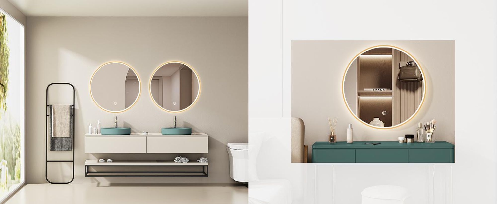 Specchio da bagno LED rotondo HOKO, diametro 60 cm, con cornice dorata, interruttore touch, funzione di memoria e regolazione della temperatura del colore da 2700 a 6500 K, ideale per bagno e toilette per ospiti, grado di protezione IP44, modello Pisa