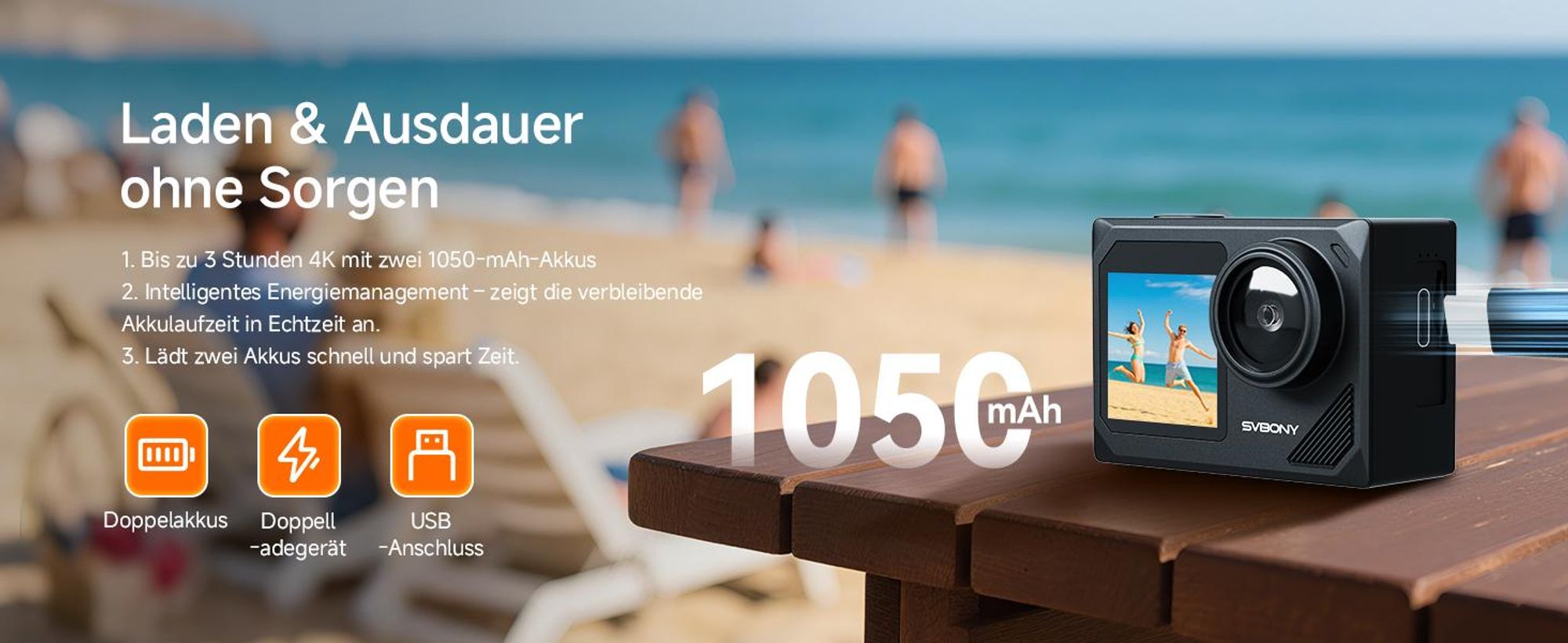 SVbony SVGO2 Action-Kamera 4K/30 fps IPX8 wasserdicht, mit Auftriebsstange, 2,0-Zoll-LCD-Touchscreen, für Tauchen, Radfahren, Surfen, Skifahren