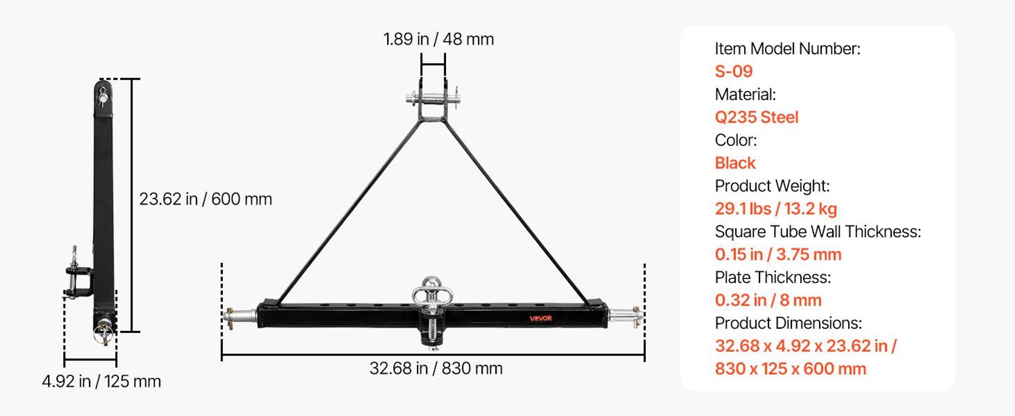 VEVOR 3-Punkt-Anhängerkupplung mit 2-Zoll-Anschluss, 3-Punkt-Schnellkupplung, 3.000 lbs Tragfähigkeit, Schwerlast-Traktor-Zugdeichsel-Adapter, kompatibel mit Kubota, Mahindra, John Deere, Massey Ferguson, 32 Zoll-Einzelring-Zug-Standard
