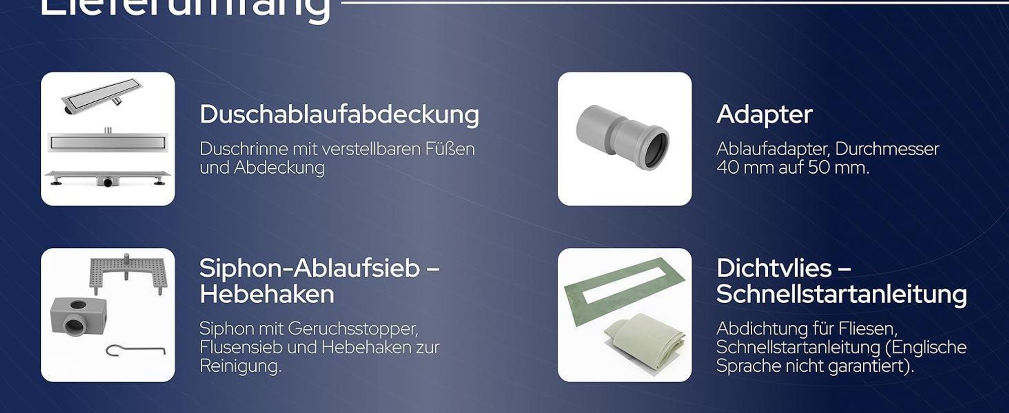 VILSTEIN Duschrinne 90cm, Edelstahl Bodenablauf Komplettset, extra flach, Siphon mit Geruchsstop, Haarsieb - Befliesbar