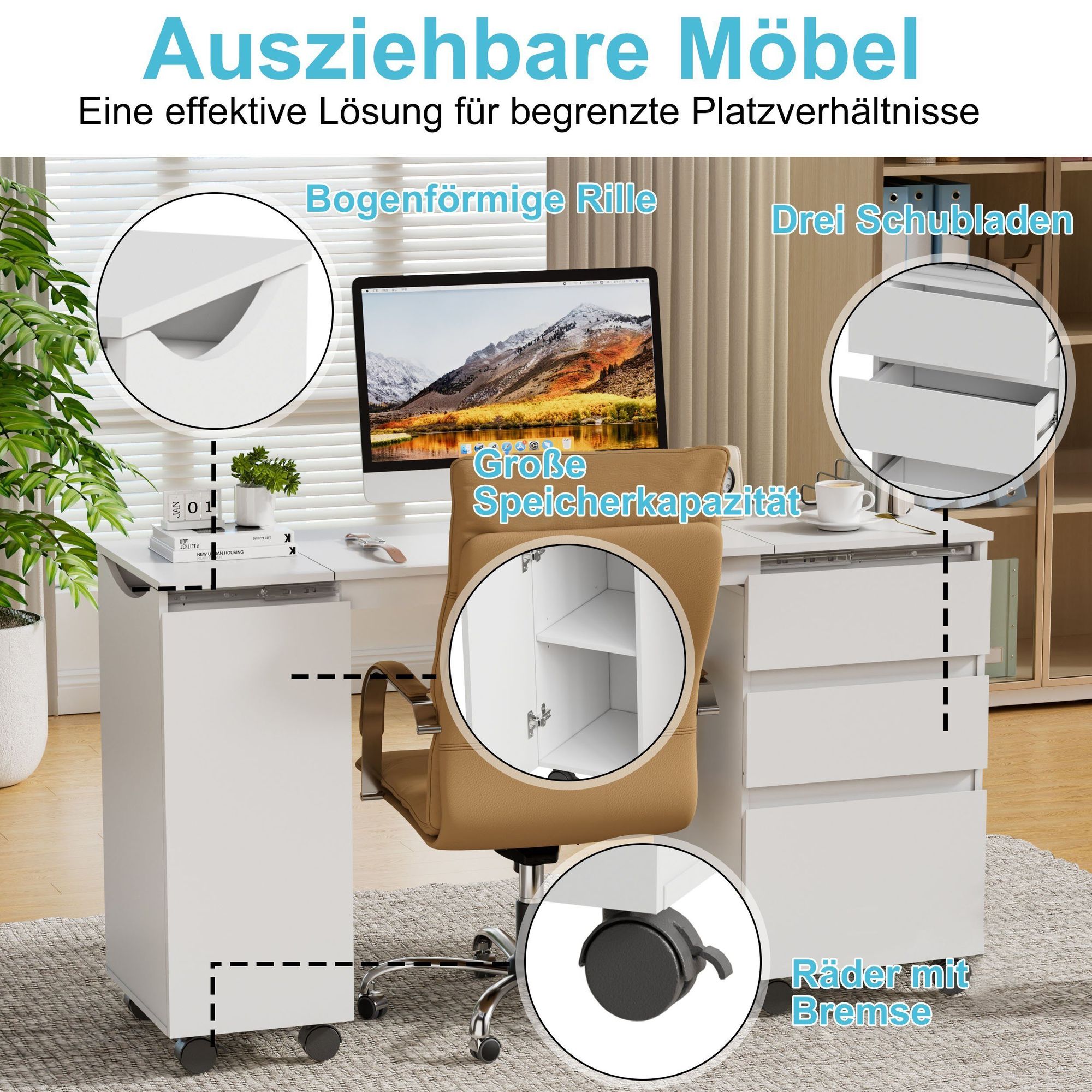 TWSOUL Schreibtisch Multifunktionaler Schreibtisch, ausziehbarer Schreibtisch (66-120)*36.5*73cm(L*B*H),Tragfähigkeit 80 kg