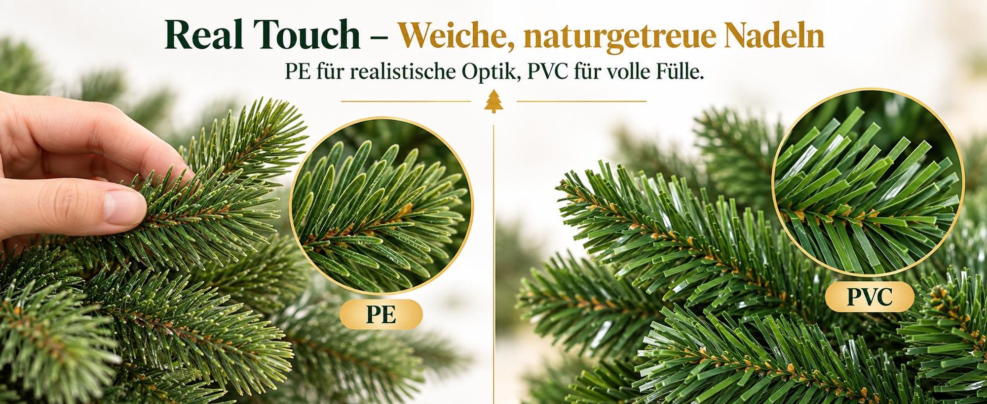 Künstlicher Weihnachtsbaum mit LED Lichterkette und Holzfuß 180 cm, realistischer PE PVC Christbaum, festliche Weihnachtsdekoration für Zuhause