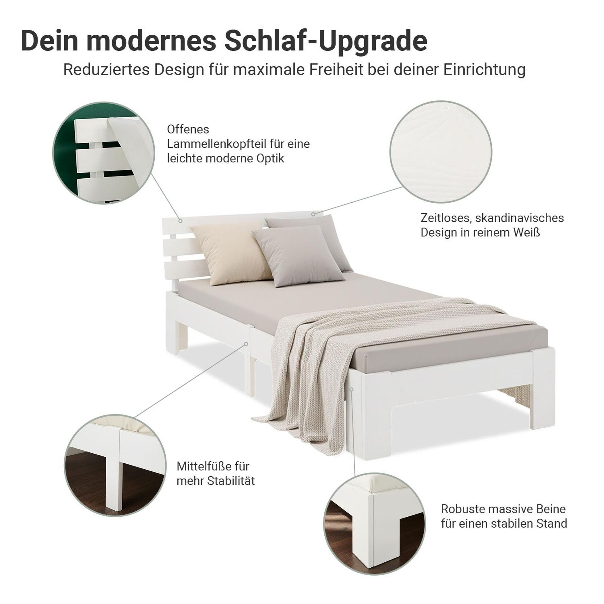 Auf dem Bild werden die Merkmale vom Bett gezeigt. Ein Mittelfuß sorgt für mehr Stabilität.