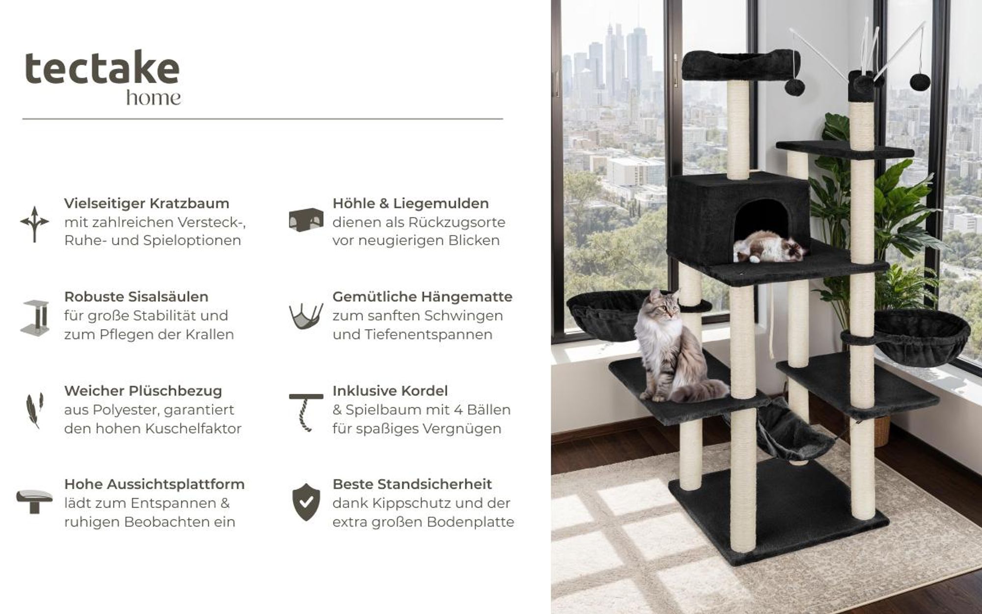 tectake® Kratzbaum Lilou 165 cm inklusive 4 Spielbällen, Kordel und Kippschutz