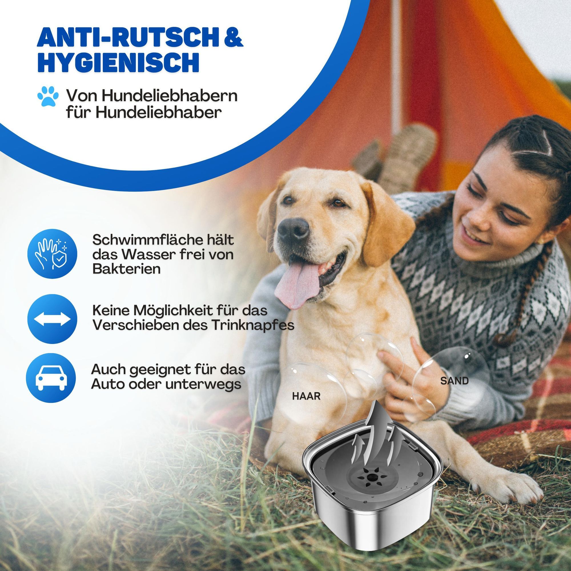 Vulpes Goods Wassernapf für Hunde, 3L Auslaufsicher Trinknapf Reisenapf, Rostfreier Stahl, rutschfest Katzen Hund Haustiere Hundenapf Anti-Schwapp Wasserspender für Haustier