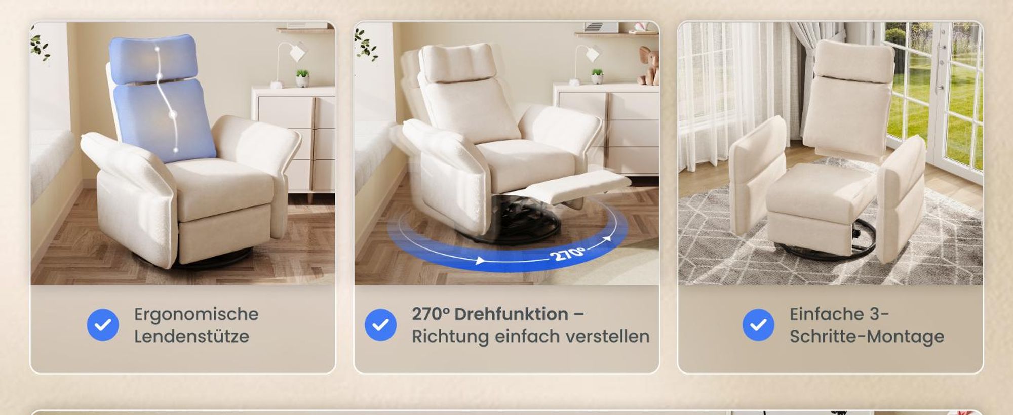 FLEXISPOT XR8 Cradle Elektrischer Relaxsessel mit Decke, Dreh- & Rockingfunktion, Fernsehsessel mit Liegefunktion, 3D-Kopfstütze, Beige