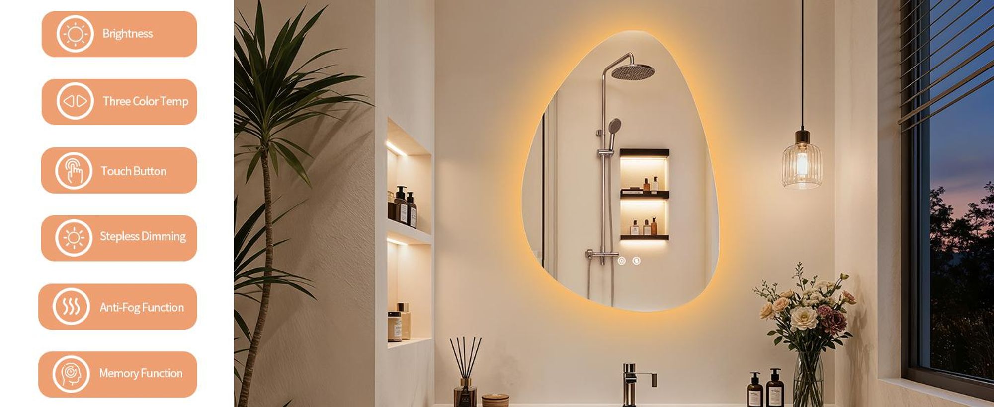 WISFOR Asymmetrischer LED Badspiegel 50x70cm mit Beleuchtung Touch Anti-Beschlag Dimmbar Badezimmer