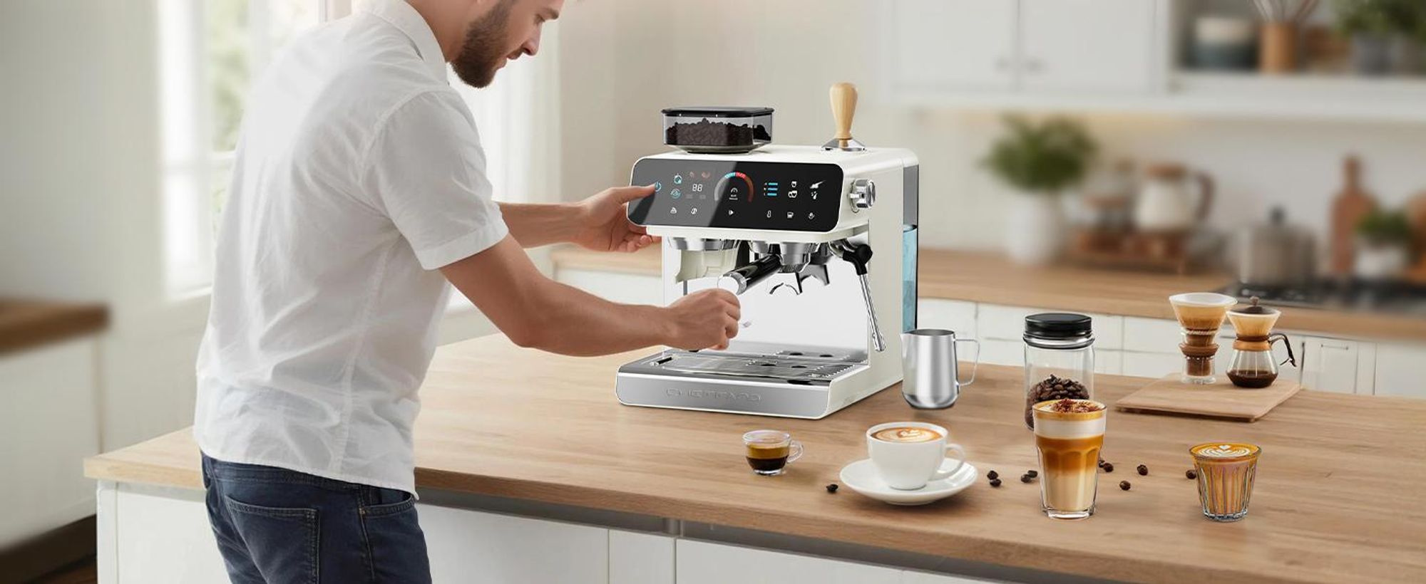 CHEFFANO Espressomaschine mit integriertem Mahlwerk, 20 Bar Pumpdruck, Milchaufschäumer für Cappuccino und Latte, 19 Mahlstufen und 2,8 L abnehmbarer