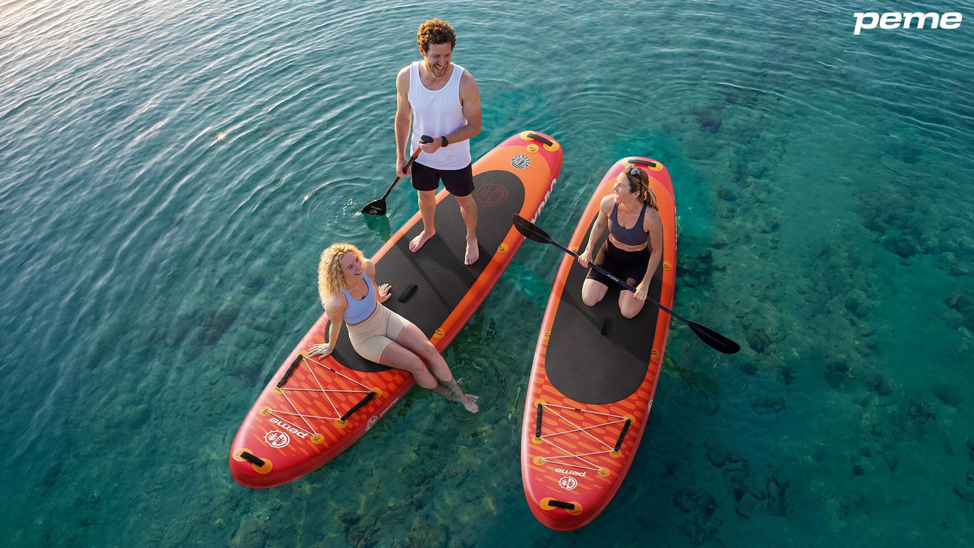 Planche de stand up paddle PEME - Orange coucher de soleil - 350 cm - Pagaie double et accessoires complets, SUP, planche de surf gonflable, jusqu'à 166 kg, - Rouge et orange