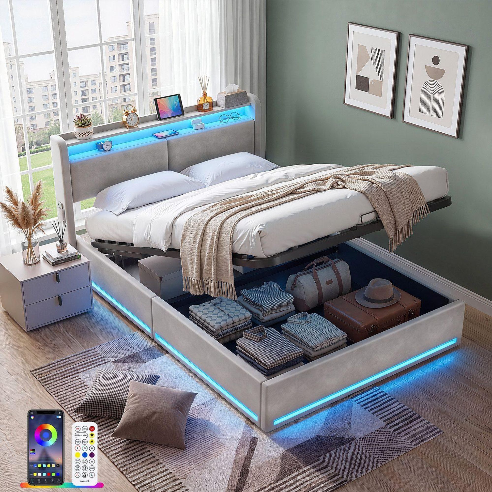 OYAJIA Polsterbett LED Doppelbett 140x200cm, Stauraumbett mit Kopfteil, Samt mit Komforthöhe, Leises Design Bett , Stauraumbett mit Hydraulische