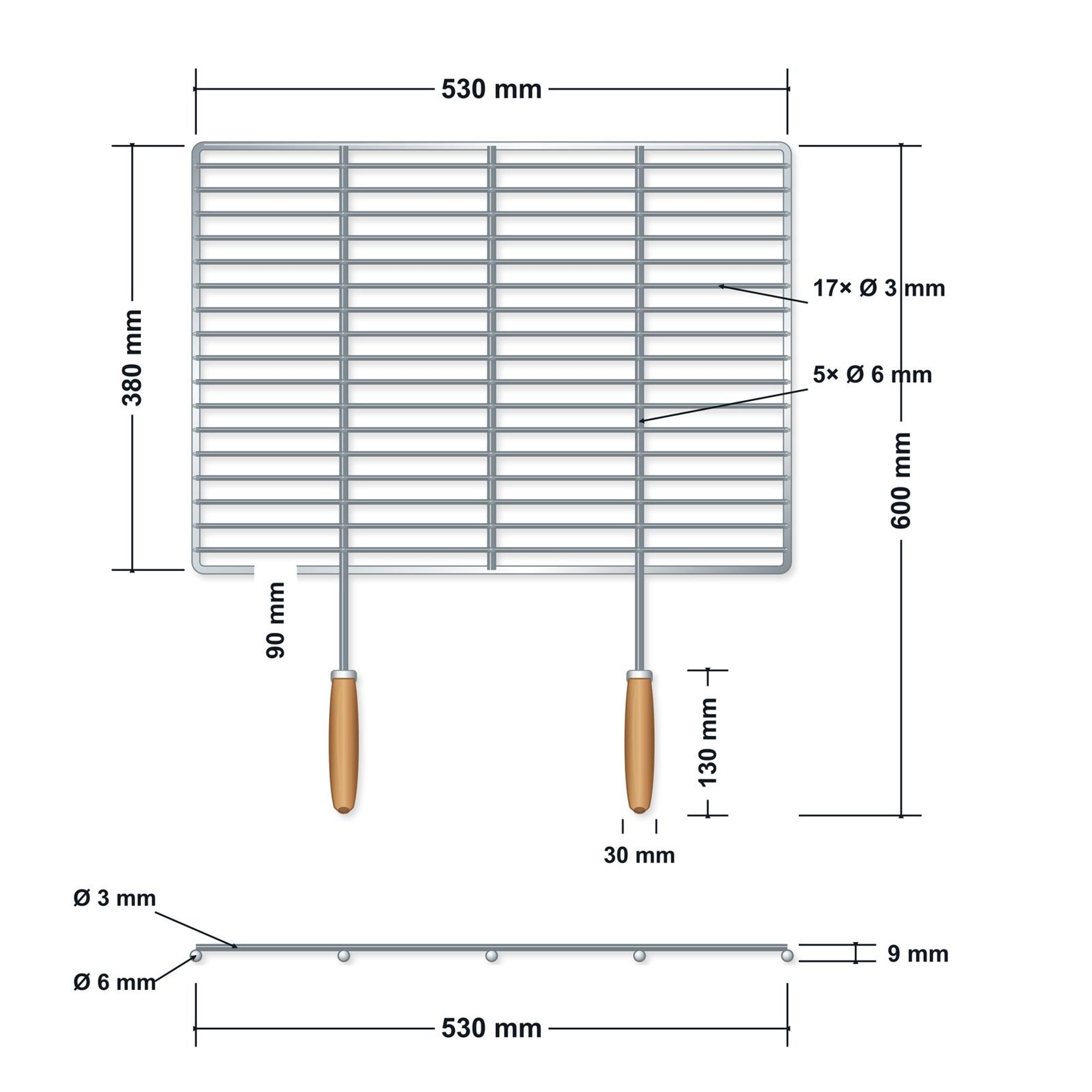 DEOS Grillrost aus Edelstahl 53 × 38 cm mit Holzgriffen – technische Zeichnung