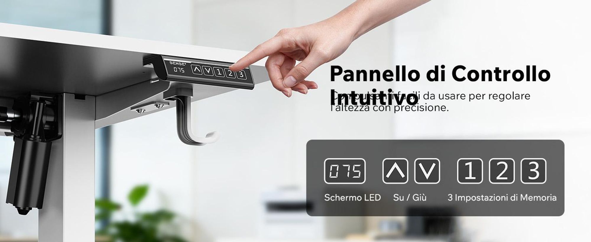 SENSE7 NOJO Light - Struttura per scrivania regolabile in altezza elettricamente | 72-118 cm, funzione memoria, supporto per cuffie, carico massimo 70 kg, struttura in acciaio