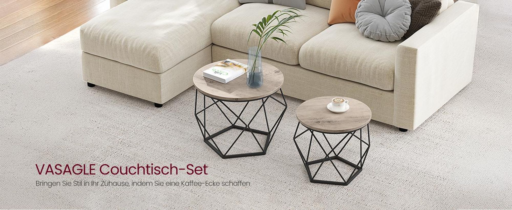 VASAGLE Couchtisch rund, 2er Set, Wohnzimmertisch, Beistelltisch, Vintage-Flair, abnehmbare Tischplatte, für Wohnzimmer, greige-schwarz LET040B02
