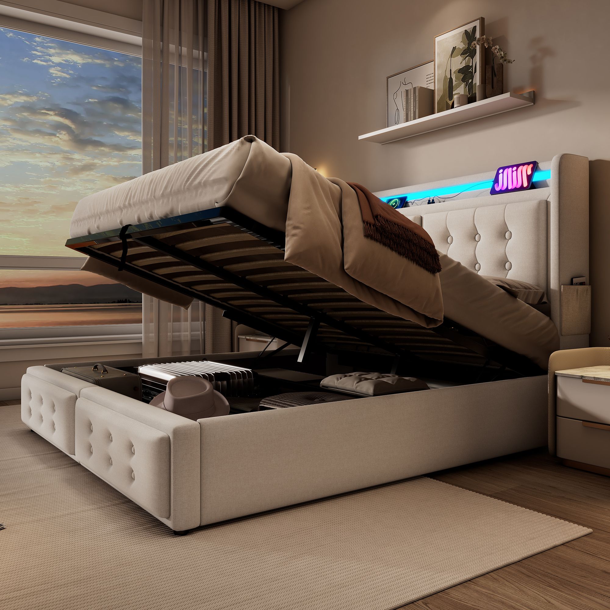 Flieks Polsterbett 180x200cm mit Ladefunktion, Doppelbett Jugendbett mit LED, Hydraulisches Stauraumbett Boxspringbett mit Lattenrost, Baumwolle Beige