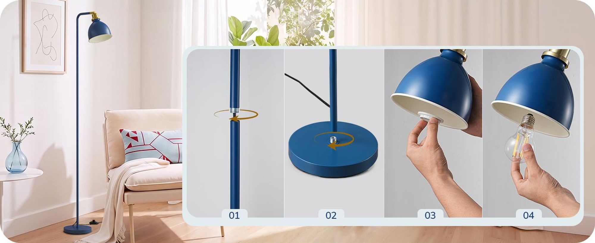 EDISHINE Stehlampe Industriell, Verstellbarer Kopf, Inkl. LED, Marineblau mit Metall-Lampenschirm, E27-Fassung, 2700 K Warmweiß, Leselampe