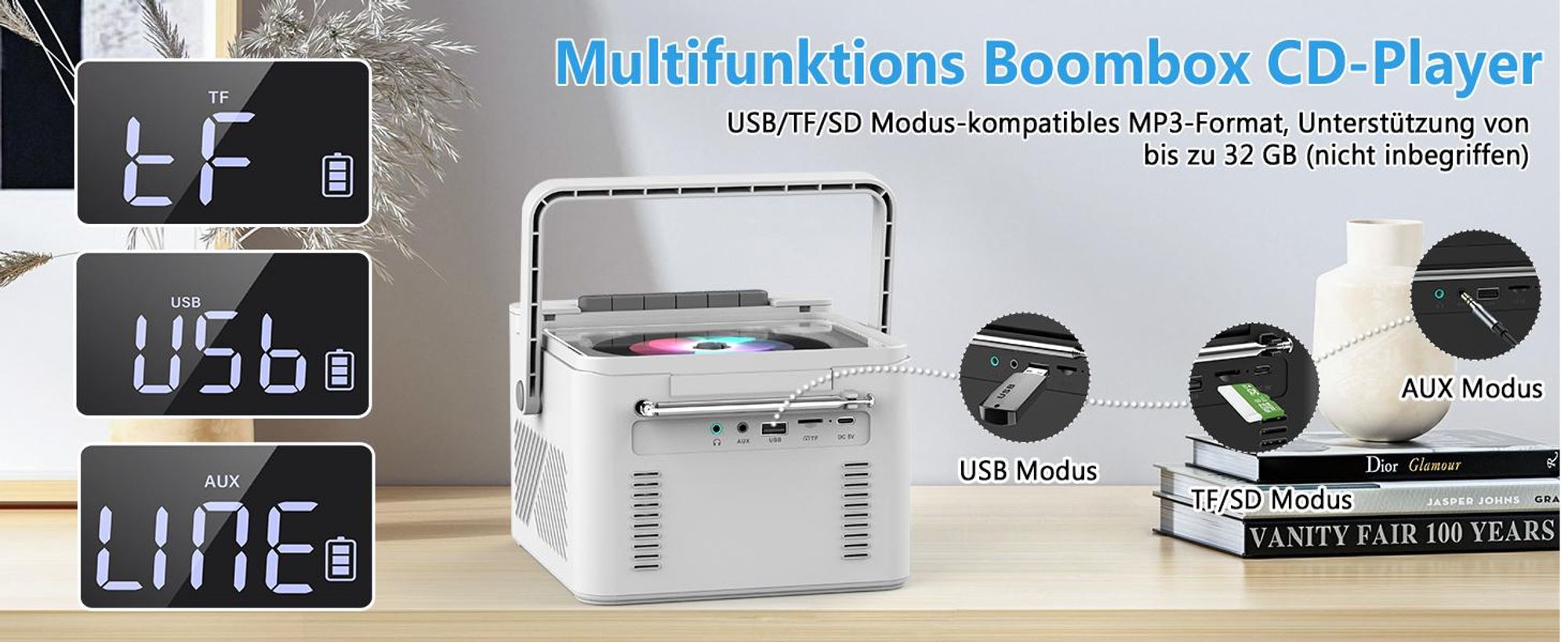 CD Player, Bluetooth Lautsprecher, Kassettenspieler mit UKW Radio, 5000mAh wiederaufladbare Akku, mit Fernbedienung, AUX/USB/SD Karte-In