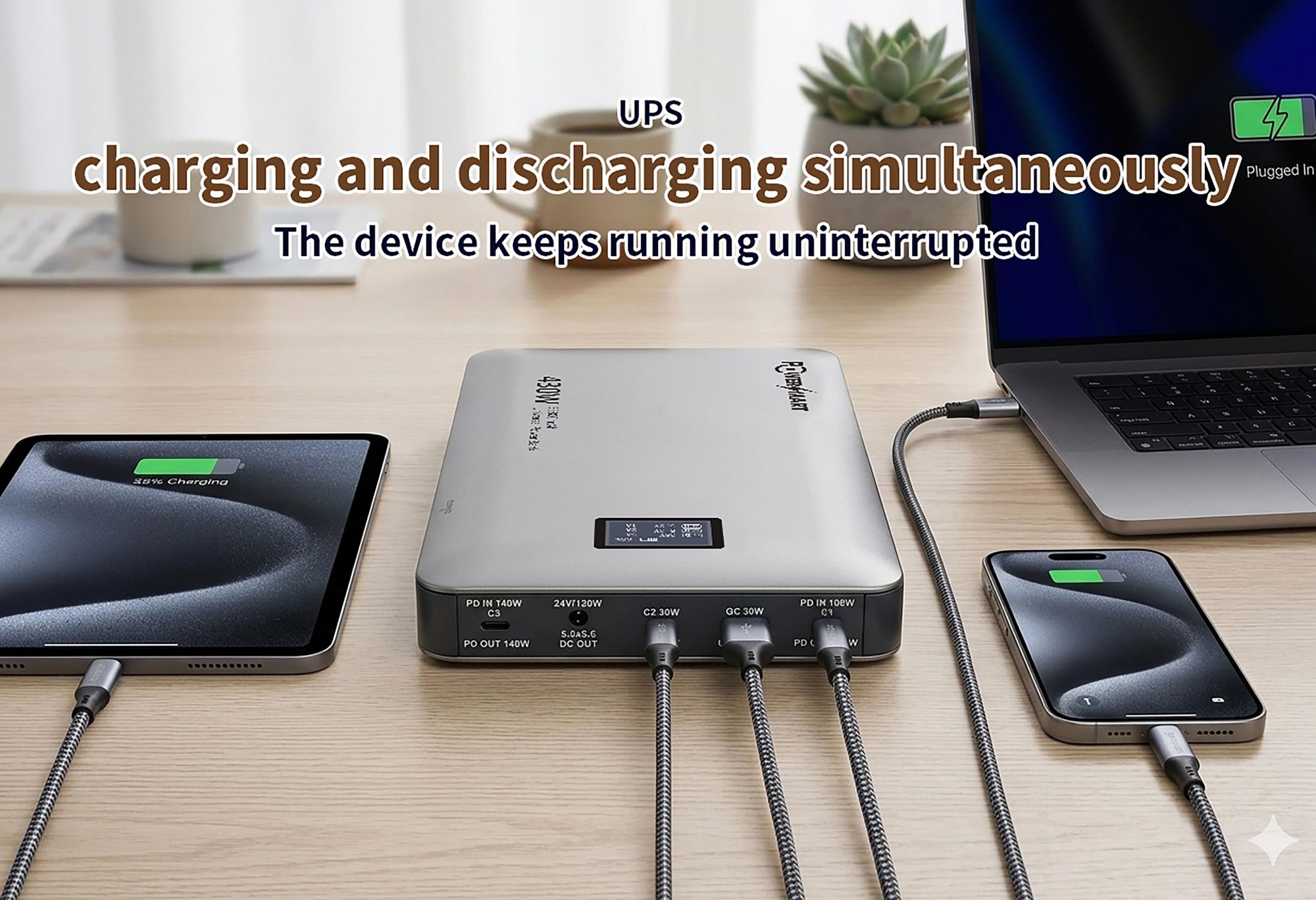 PowerSmart 430W Powerbank Schnellladegerät Externer Akku, UPS-Funktion, 21700 Premium-Zellen, Tragbares Ladegerät für Laptop, MacBook, Drohnen