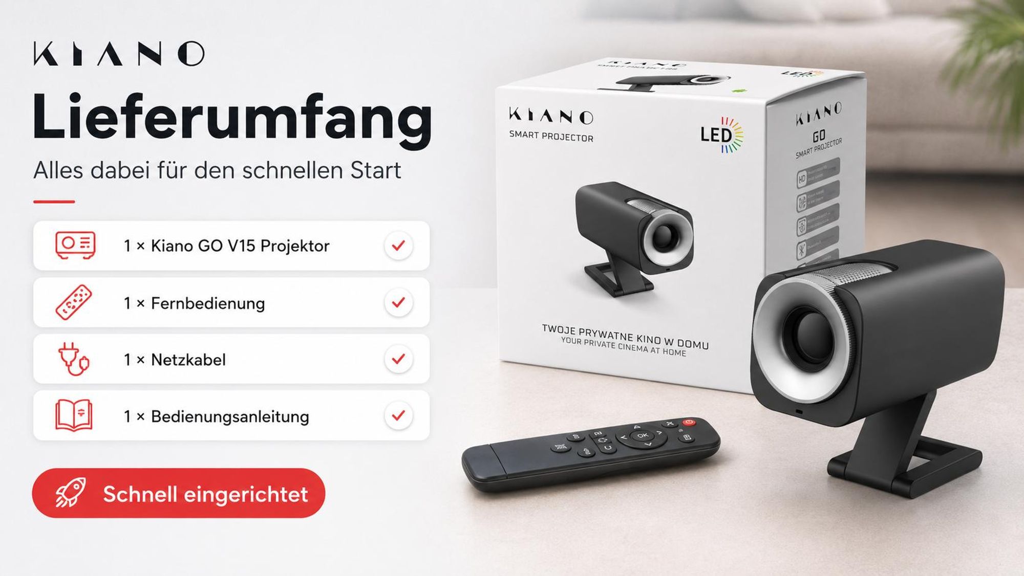 Kiano GO Mini Beamer, Android Projektor HD 720p, WLAN, bis 128 Zoll, Schwarz