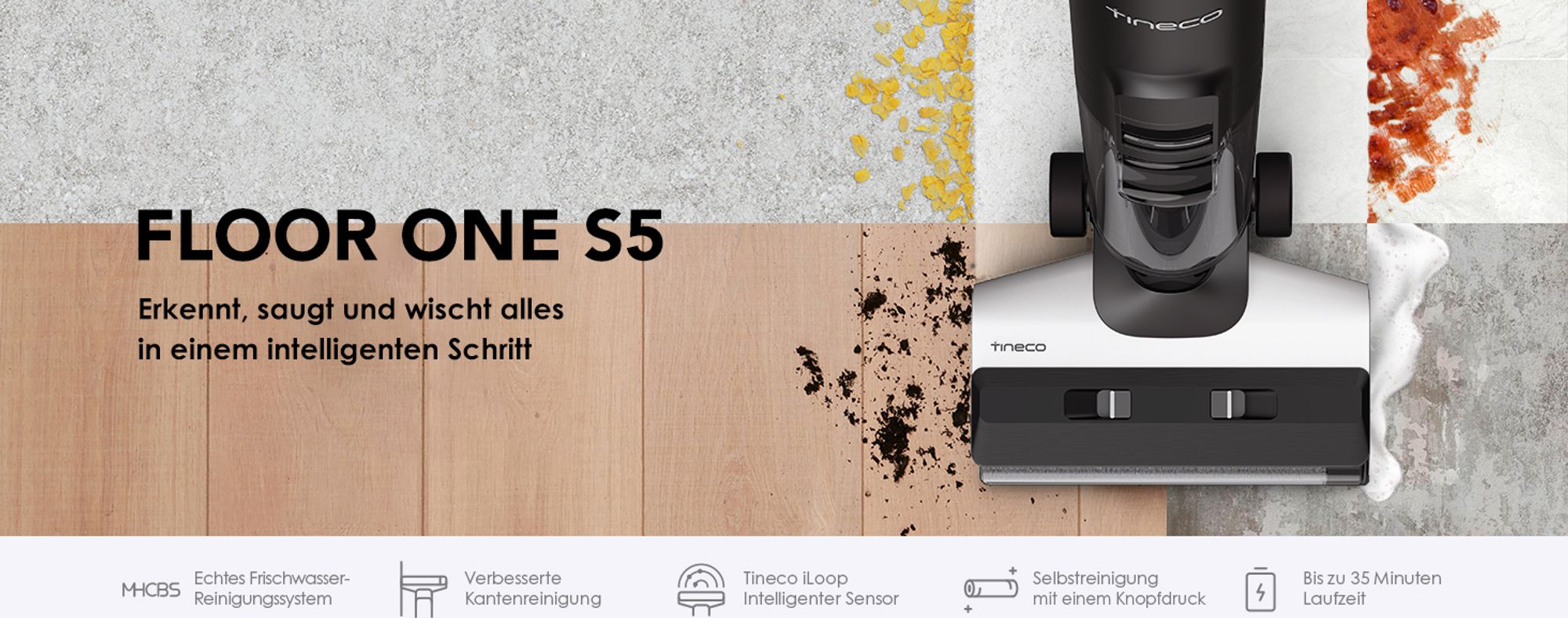 Tineco Floor One S5 Smart Nass Trockensauger mit iLoop Technologie, Nass und Trockensauger Kabellos mit Dual-Tank Selbstreinigung LED Anzeige