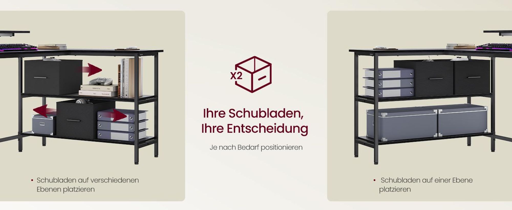 VASAGLE  L-förmige Schreibtisch Eckschreibtisch  Computertisch mit Schubladen 135cm schwarz