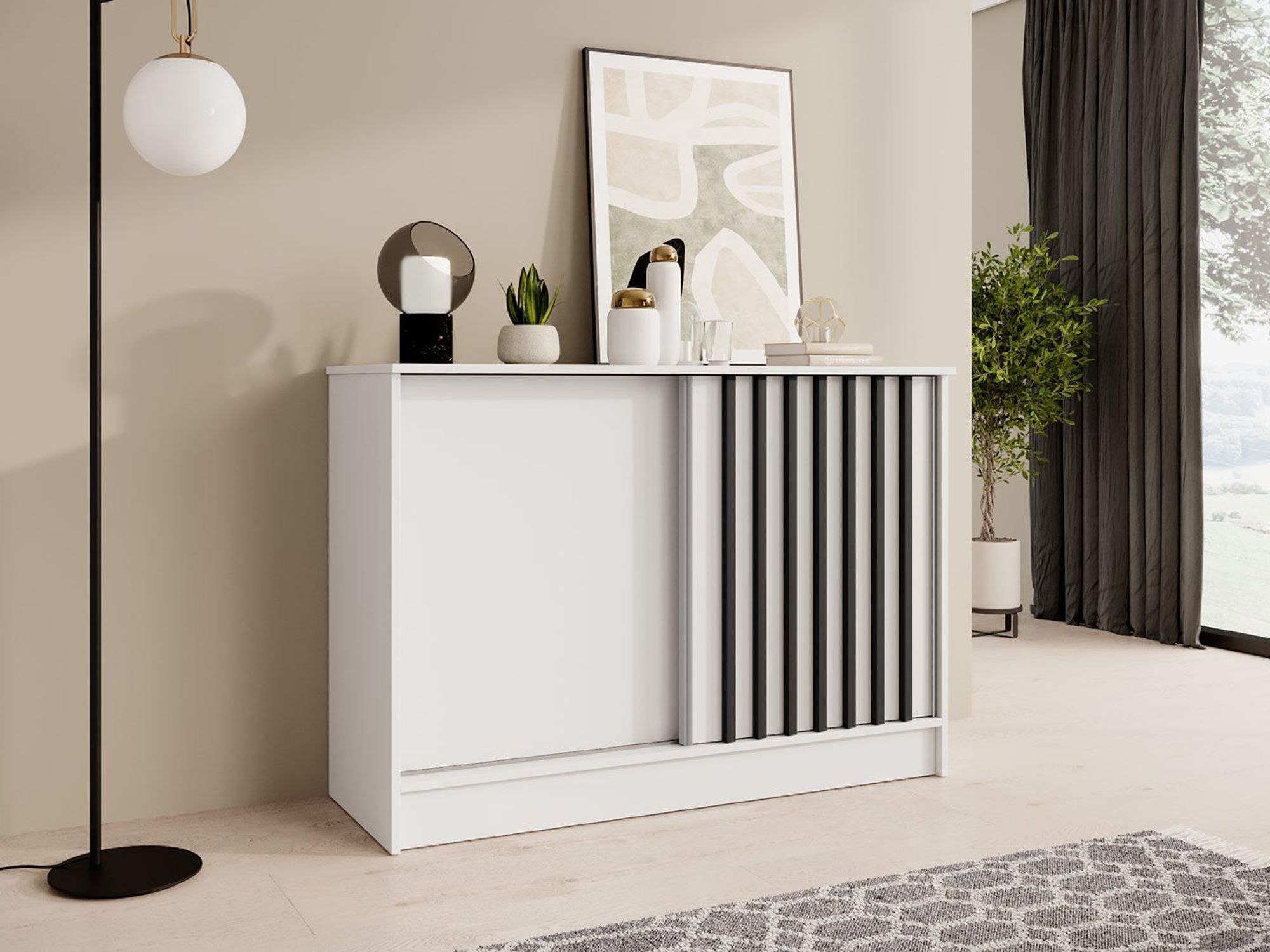 BEAUTYSOFA | Commode HORIZON 120 cm, blanche et noire, avec des lamelles, buffet à 2 portes coulissantes, design moderne, grand espace de rangement