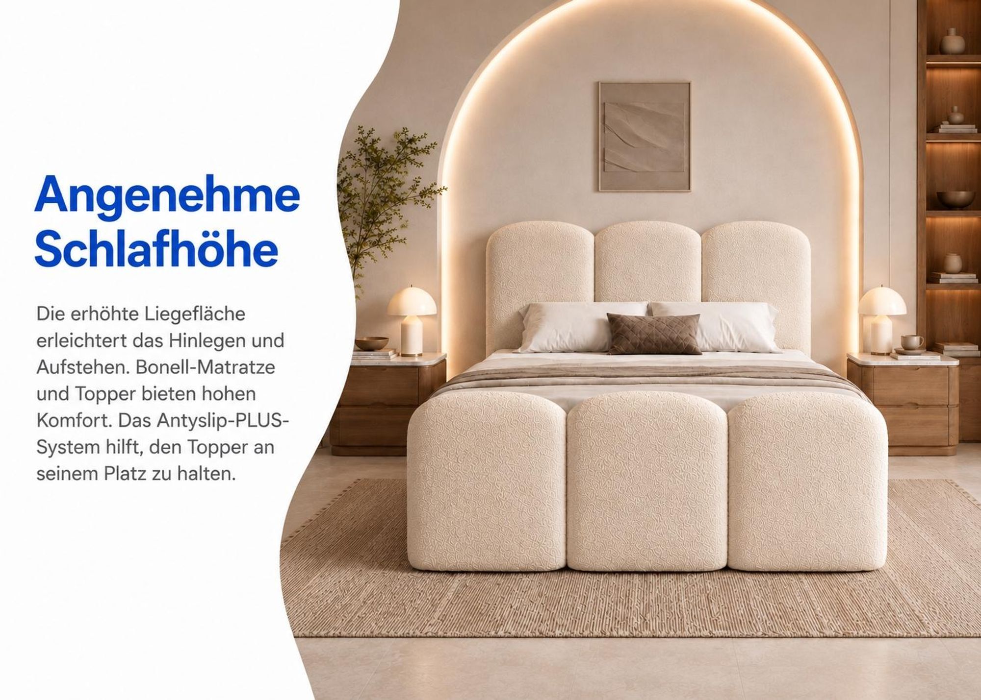 Boxspringbett ROYAL mit erhöhter Liegefläche, Bonell-Matratze, Topper und Antyslip-PLUS