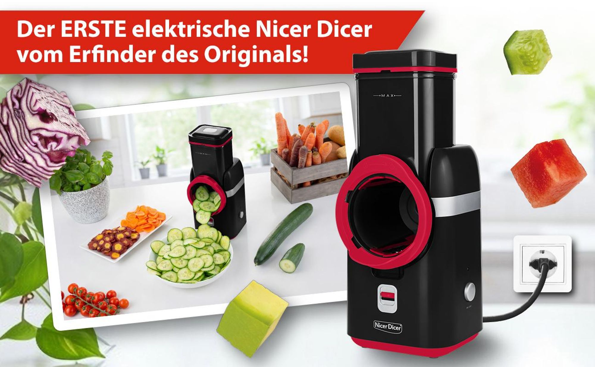 Genius Nicer Dicer Electro Gemüseschneider 25 tlg, elektrische Gemüsehobel für Würfel, Scheiben, Julienne, Küchenreibe Multizerkleiner Gemüse Obst