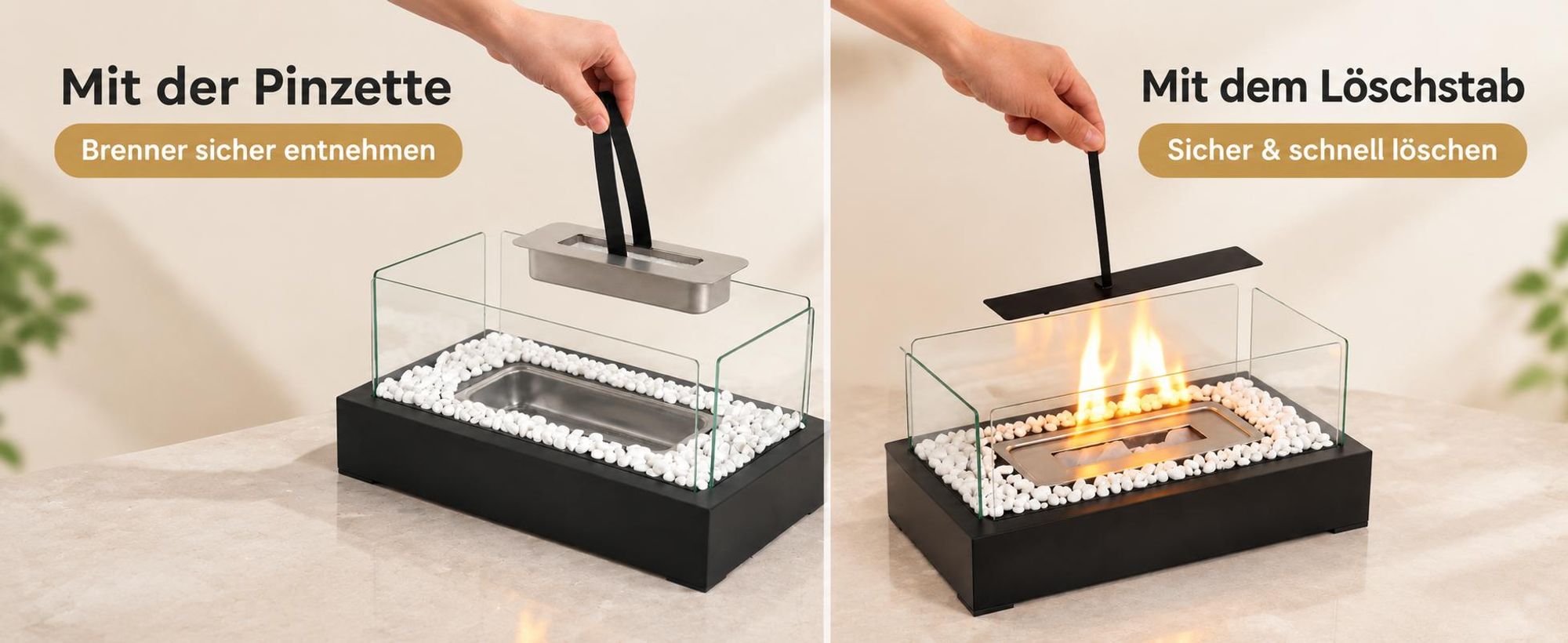 ZMH -ethanol tafelkachel, roestvrij staal, tafelhaard, 35x18x15cm, rechthoekig, glazen haard, glazen vlam, tafeldecoratie, decoratieve haard, zwart, geschikt voor woonkamer, buiten, feestjes
