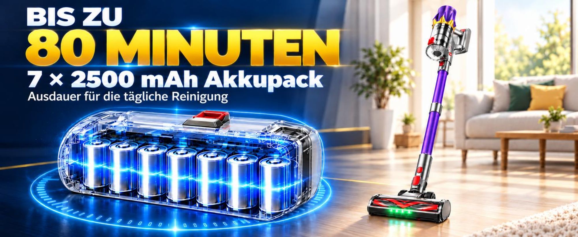 80000Pa Akku-Staubsauger 750W/80 Min., kabelloser Hand- und Stielstaubsauger, ultraleise, Smart-Display, leicht, Anti-Verwicklung für Tierhaare & Auto