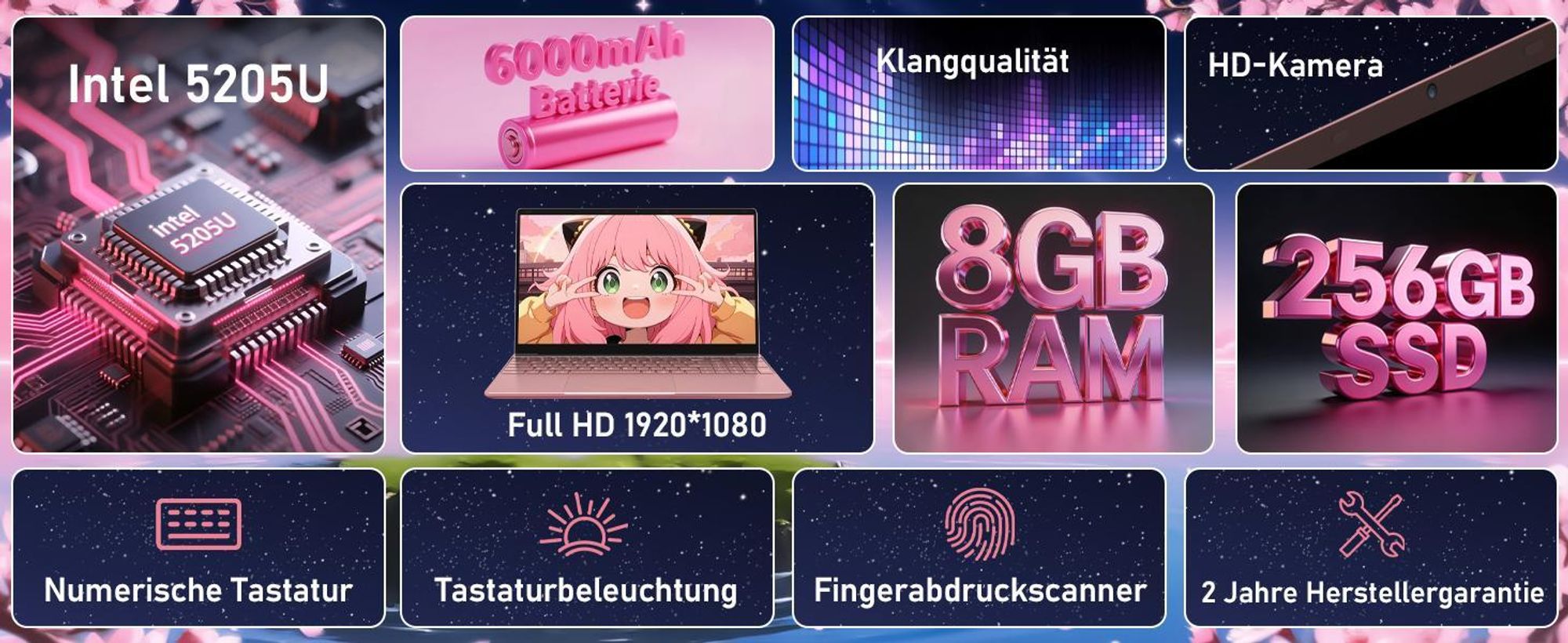 Molegar 15.6" Pink Laptop, 5205U, FHD, 8GB DDR4, 256GB PCIe SSD, Backlit KB, Fingerprint, 180° Hinge, 6000mAh Battery, Webcam, WiFi 5, USB 3.0, Rosa