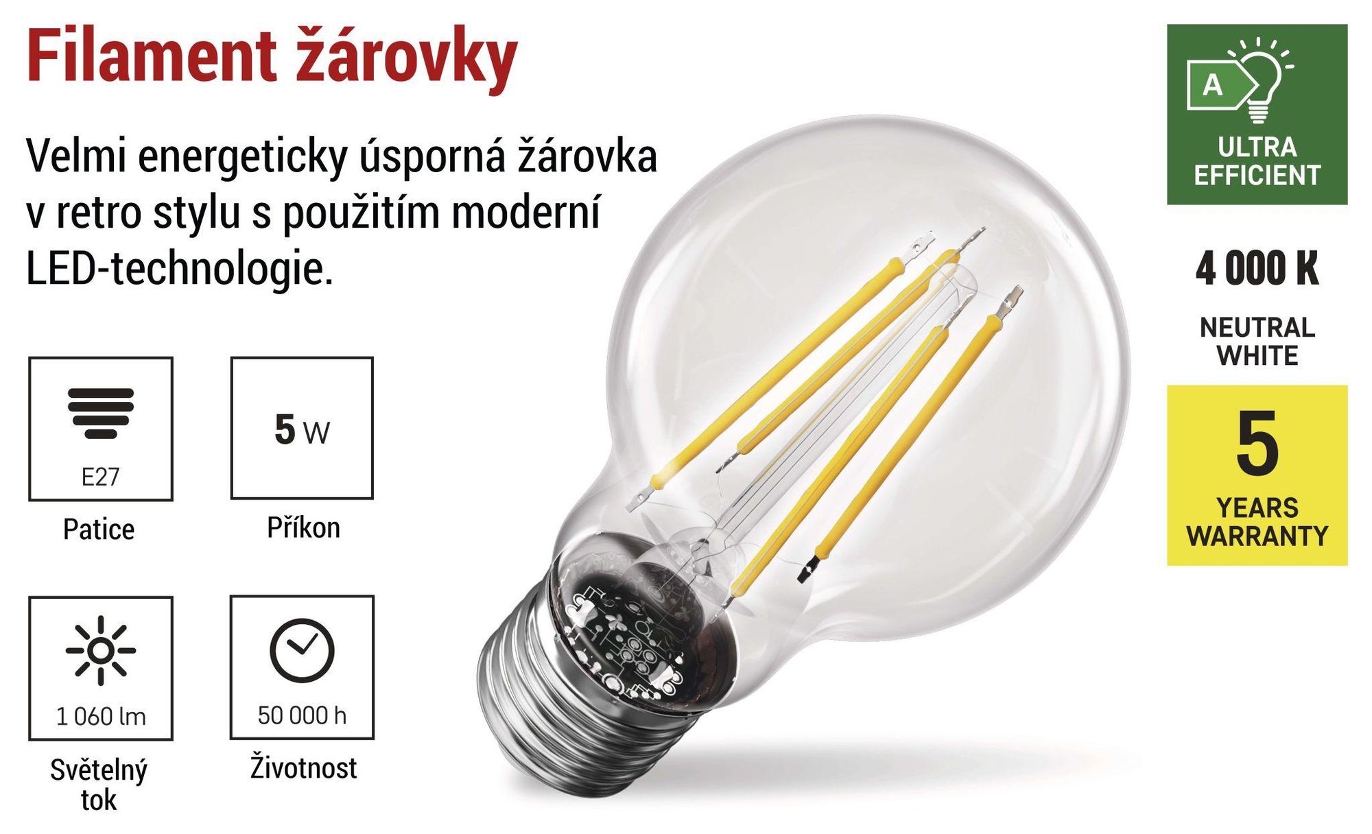 EMOS LED žárovka Filament A60 / E27 / 5 W (75 W) / 1 060 lm / neutrální bílá, ZF5158