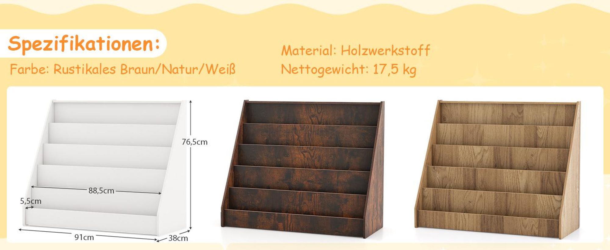 COSTWAY Kinderregal mit 5 Fächern, Bücherregal für Kinder, Zeitungsständer aus Holz, Aufbewahrungsregal für Kinderzimmer, 91 x 38 x 76,5 cm (Natur)