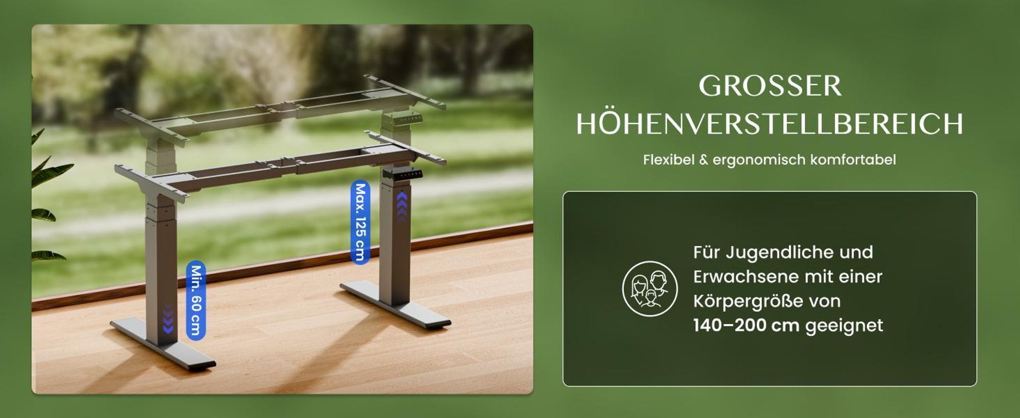 FLEXISPOT ValtreX E200 Höhenverstellbarer Schreibtisch 200 kg Tragkraft, 2 Motoren, USB-Anschluss, 4 Speicherfunktionen, 3‑stufiges Gestell (Grau)