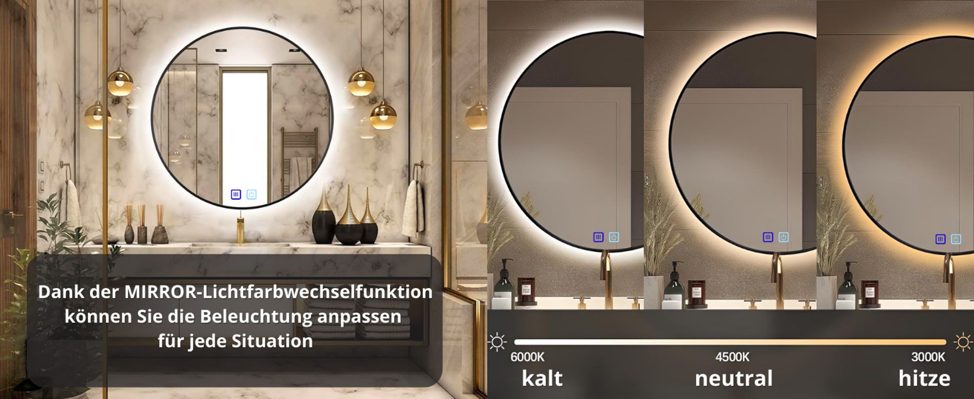 LED Badezimmerspiegel Rund 60 cm – Badspiegel mit LED Beleuchtung, Touch-Schalter, Anti-Beschlag, 3 Lichtfarben, Schwarzer Rahmen – SAVE HOME