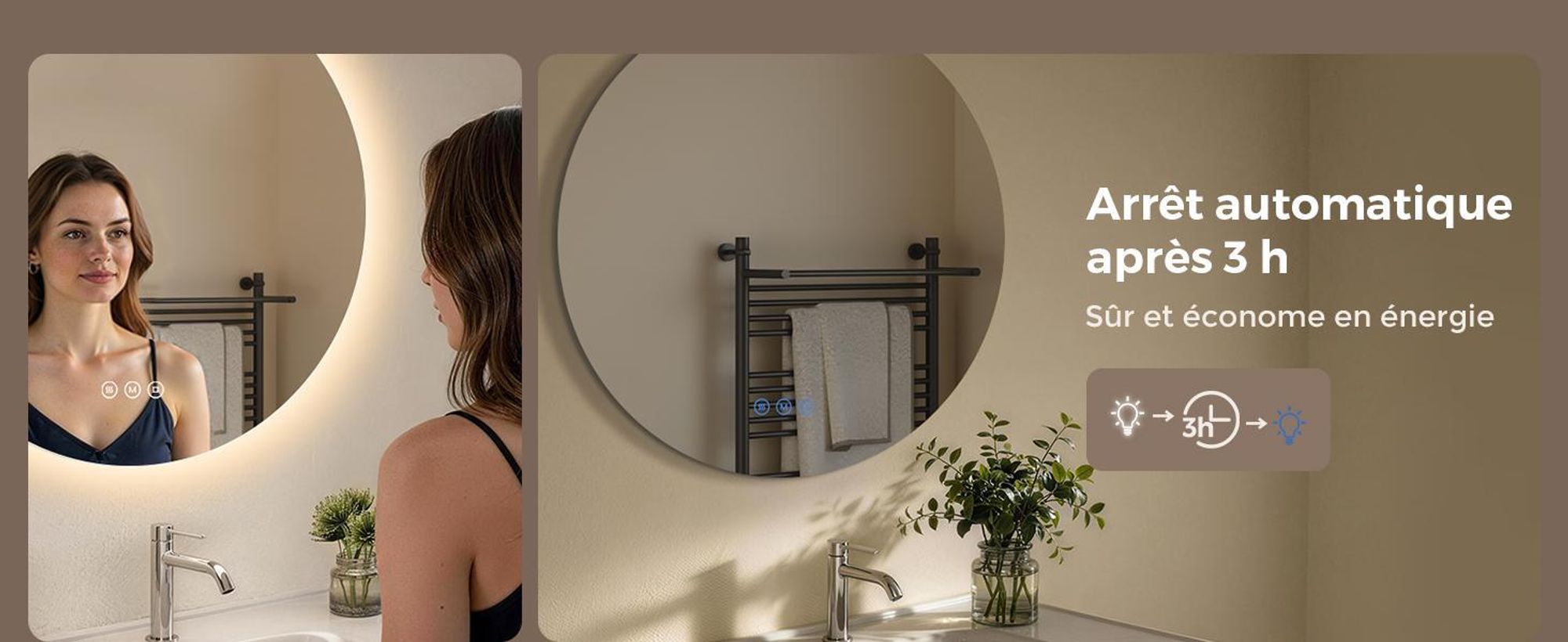 Miroir de salle de bain avec éclairage, rond, 80 cm, miroir LED S'AFIELINA, intensité réglable, 3 couleurs de lumière, anti-buée,tactile, fonction de mémorisation, IP65, étanche pour la salle de bain