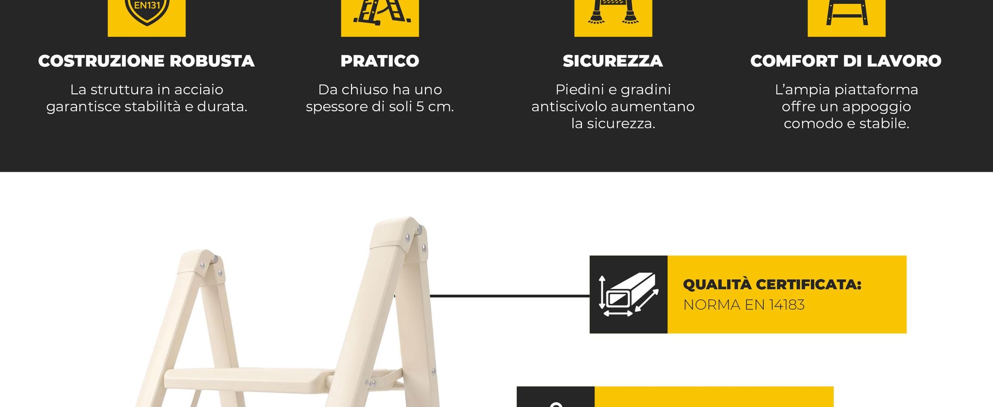 Drabest | Scala pieghevole per uso domestico - Modello "Slim" - 2 gradini - Pieghevole - Portata massima 150 kg - Colore crema