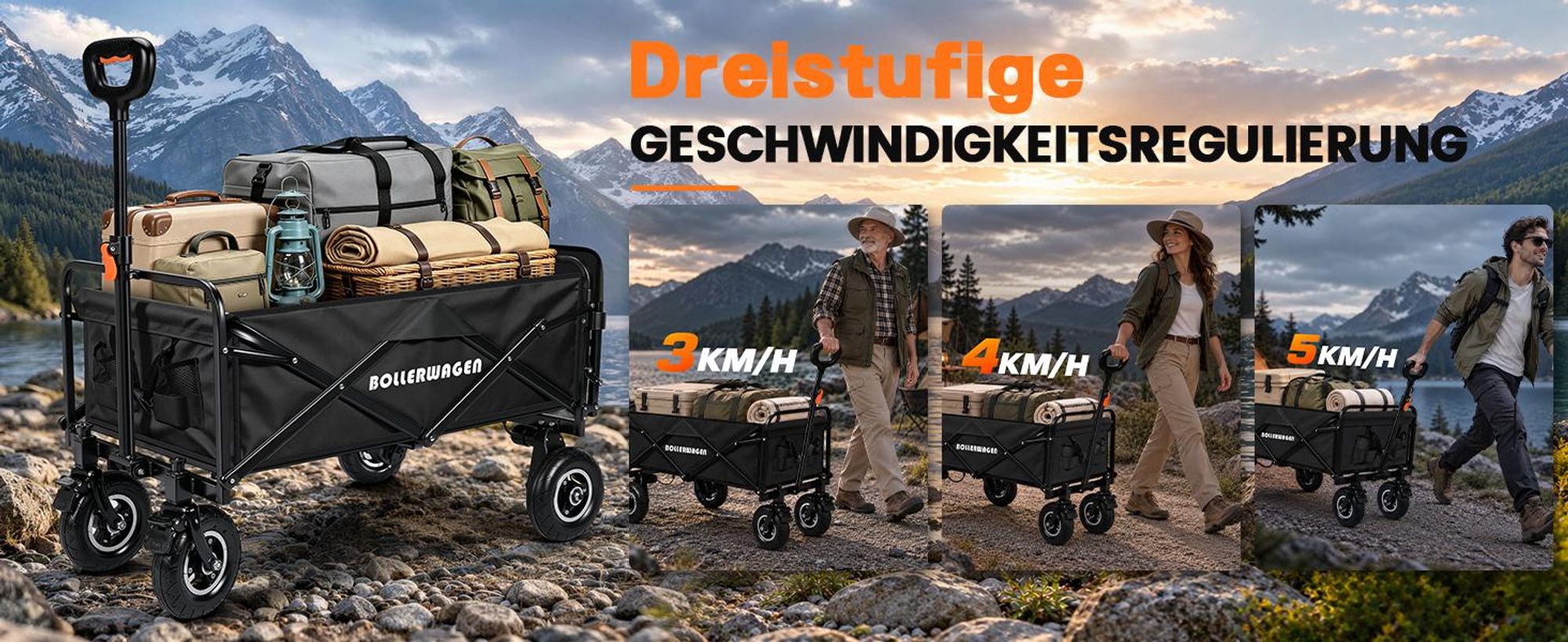 Elektrokarre mit Luftrad Faltbar Handwagen mit 2×2,0AH für Makita Akku, 240L/120KG/116×58×55cm/Griff 68-100cm Campingwagen Gartenwagen Strandwagen