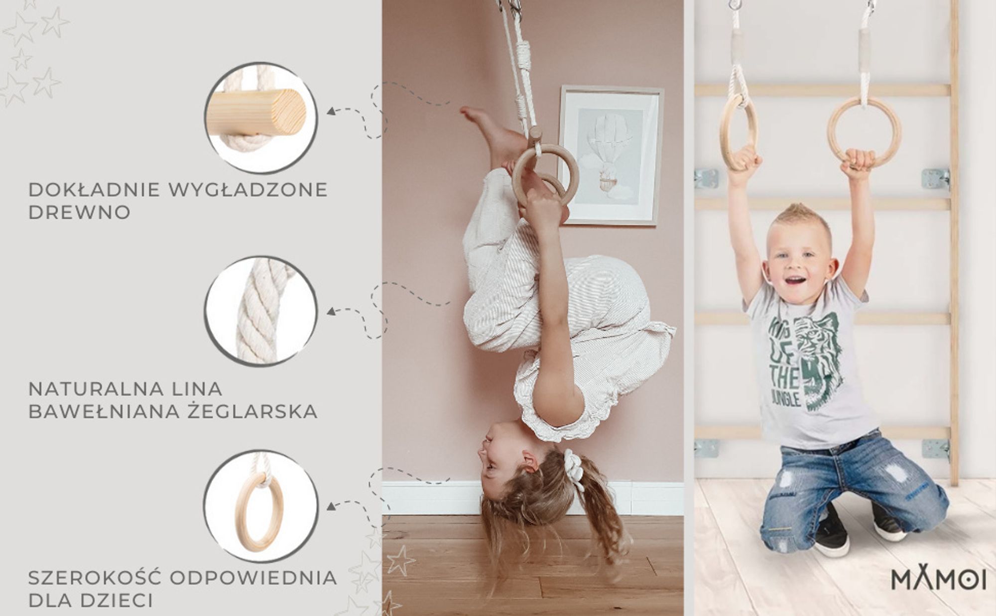 MAMOI® Huśtawka trapezowa, kółka gimnastyczne wykonane z drewna, sprzęt gimnastyczny dla dzieci do użytku wewnątrz i na zewnątrz, huśtawka z kółkami, gimnastyka z drewnianą huśtawką, kółka gimnastyczne i trapez