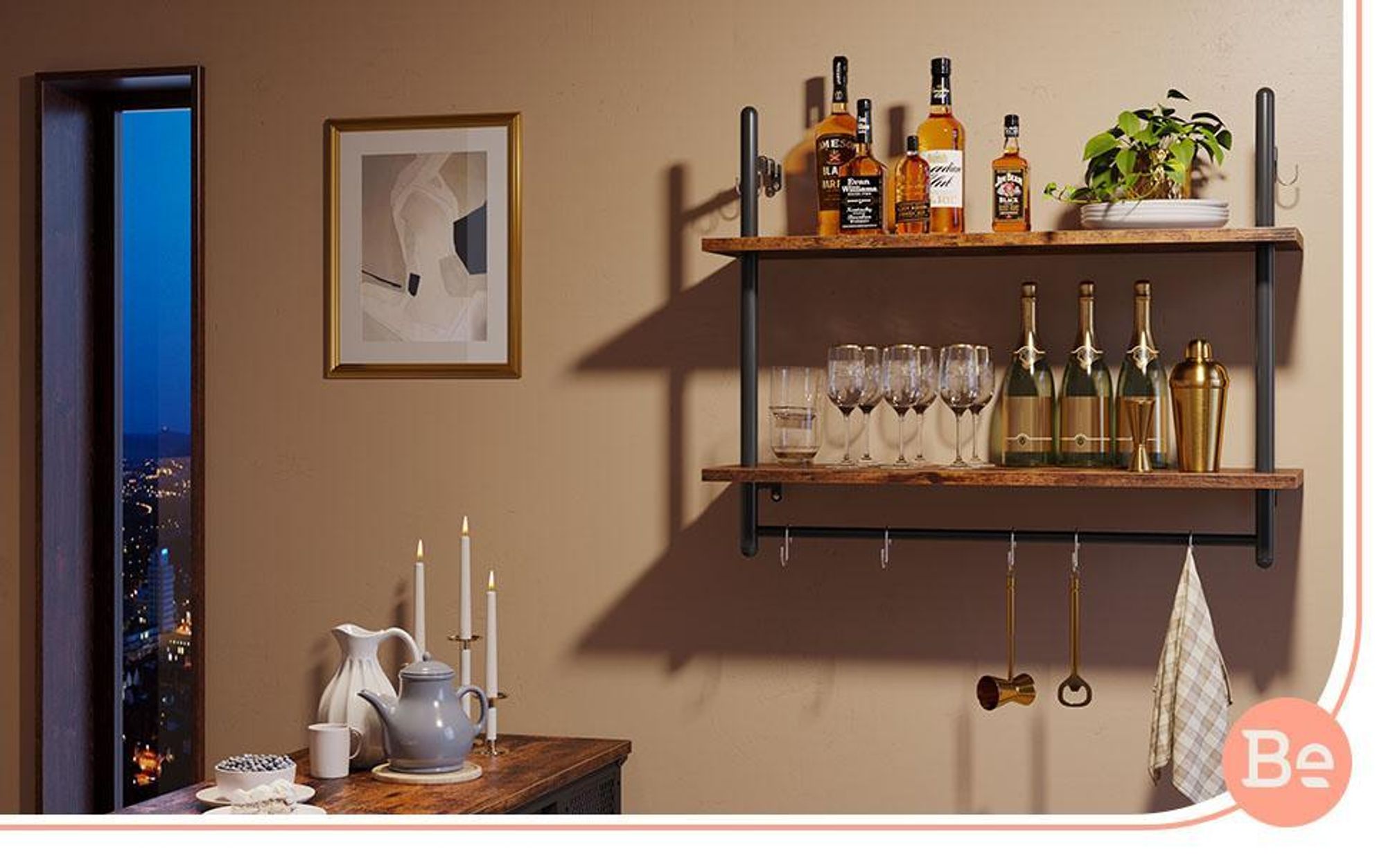 Wandregal Industrie-Look mit Haken | 2-stufiges schwebendes Rohrregal 80x64cm | Aus Holz für Küche, Wohnzimmer, Badezimmer | Deko- & Aufbewahrungsrega