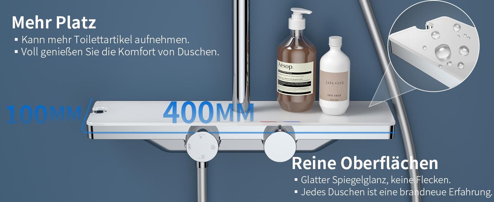 Homelody Duschsystem Thermostat, Regendusche Set mit Glasablage & 12 Zoll kopfbrause, 3 Strahlarten handbrause, Edelstahl Höhenver Duschset, Chrom