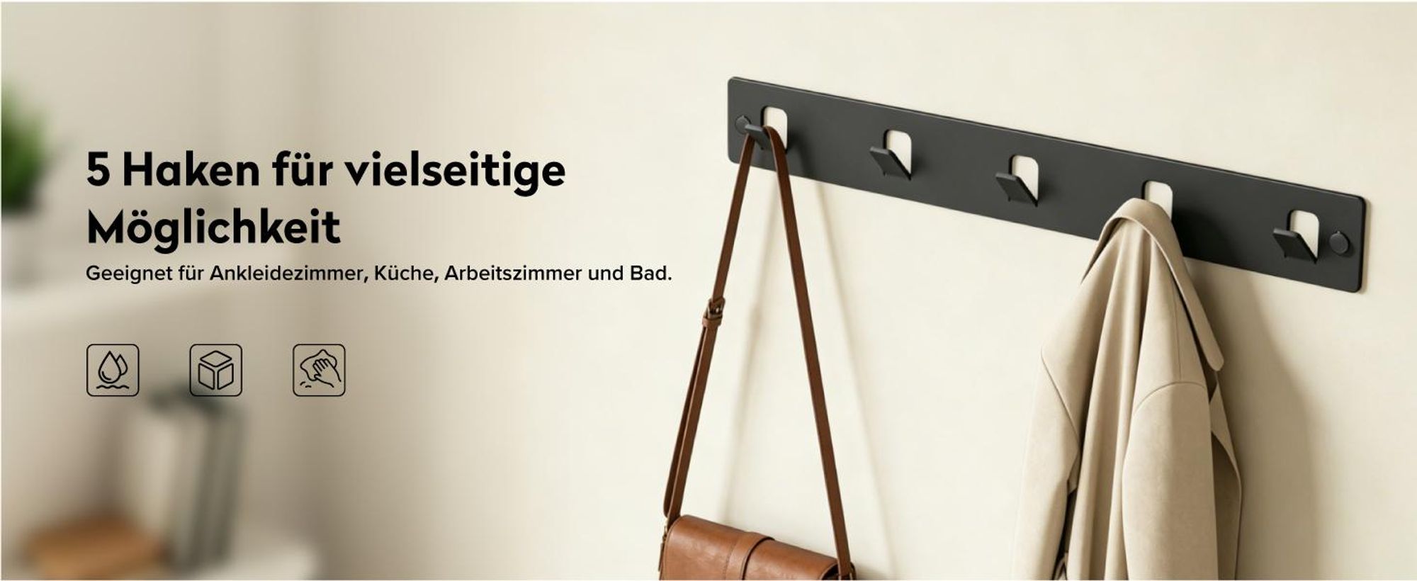 doporro Garderobenleiste mit 5 Haken, Wandgarderobe mit Garderobenhaken, Kleiderhaken Wand, selbstklebend oder zum Bohren, Schwarz, Stalo-14